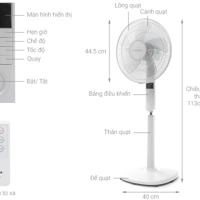 Quạt đứng Toshiba F-LSA20(W)VN, Màu trắng, 60W - Điều khiển từ xa - 5 cánh - Hẹn giờ tắt/mở - Hàng chính hãng, bảo hành 12 tháng