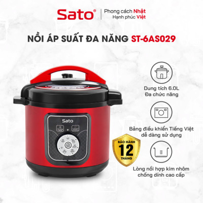Nồi áp suất đa năng SatoAlpha 6AS029 6.0L - Nồi áp suất đa chức năng : nấu cơm, nấu cháo, hầm gân, ninh, súp, hấp, giữ ấm ... Dung tích : 6.0 lít phù hợp gia đình 4 - 6 người - Miễn phí vận chuyển toàn quốc - Hàng chính hãng