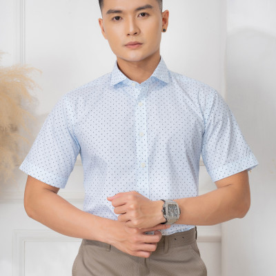 Áo sơ mi cộc tay nam Aligro màu xanh họa tiết form customfit chất liệu cotton cao cấp  ALGS-C83