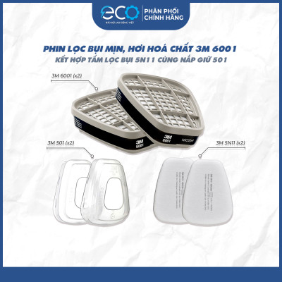 Phin Lọc 3M 6001, 6003, 6006 kết hợp tấm lọc bụi 5N11 cùng nắp giữ 501 lọc hơi hữu cơ xăng dầu phun sơn, chống độc