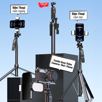 Chân đứng quay video Shinoda, gậy livestream, selfie chụp ảnh chất liệu siêu cứng cáp, tay cầm 360º tích hợp remote điều khiển từ xa 7 phím có thể sạc lại, hàng chính hãng