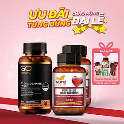 Bộ Sản Phẩm Bổ Tim, Bổ Xương Khớp New Zealand: 2 Hộp Bổ Tim Nutri Co Q10 160g Hawthorn -30 Viên; Go Glucosamine 1-A-Day 1500mg - 60 Viên