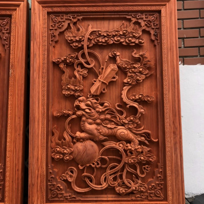 Tranh treo tường trạm khắc tứ linh bằng gỗ hương đỏ kt 37×107×4cm