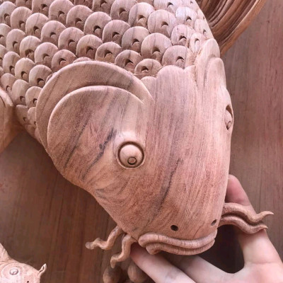 Cặp tranh treo tường lý ngư vọng nguyệt bằng gỗ hương đá siêu víp kt 42×127×8cm