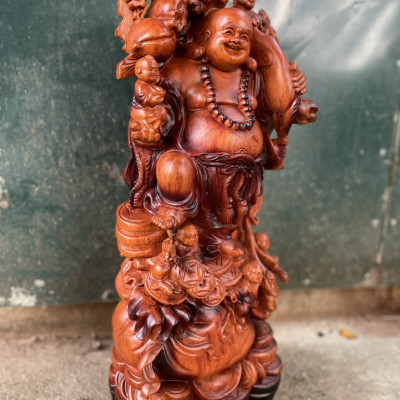 Tượng phật di lặc ngũ phúc bằng gỗ hương đá tô mầu giả cổ kt 60×24×15cm