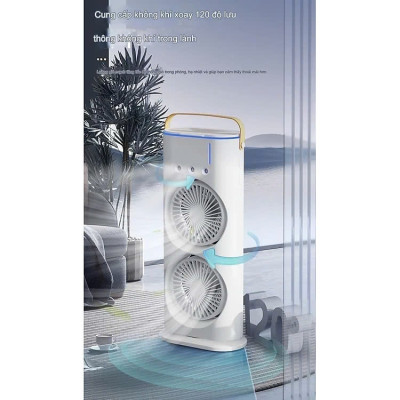 Quạt Hơi Nước Có Tích Điện, Quạt Phun Sương Mini 4 cánh, Quạt Để Bàn 2 Tầng Có Đèn Led, remote Tiện Lợi - Hàng Chính Hãng Double ended Spray Fan, Máy tạo ẩm