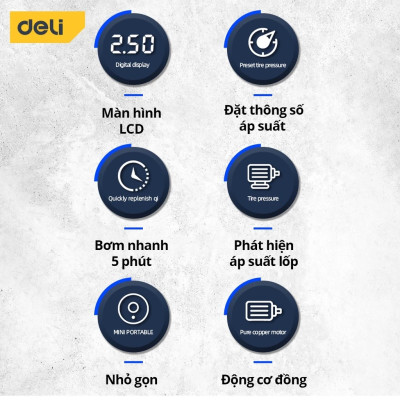 Máy Bơm Lốp Xe Ô Tô Deli Chính Hãng - Bơm Nhanh, Phát Hiện Áp Suất Lốp Thời Gian Thực, Màn Hình LCD - Nhỏ Gọn - DL880180