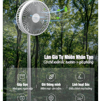 Quạt đứng tích điện P2000 thông minh không dây, điều khiển từ xa có đèn ngủ, gấp gọn lưu trữ tiện lợi, linh hoạt xoay quay tự động, hàng chính hãng