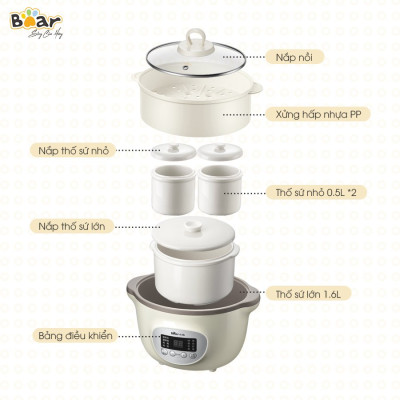 Nồi Nấu Chậm 1,6L Bear SUBE002 Đa Năng Nấu Cháo, Chưng Yến Bản Quốc Tế - Hàng Chính Hãng