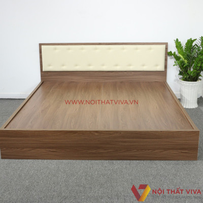 Giường Ngủ Gỗ Mdf Phủ Melamine Có Đầu Nệm Kem Hiện Đại Màu Óc Chó