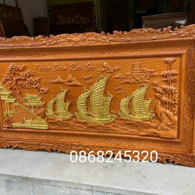 Tranh thuận buồm xuôi gió bằng gỗ gõ pu dát vàng cao cấp kt 67×127×4cm 