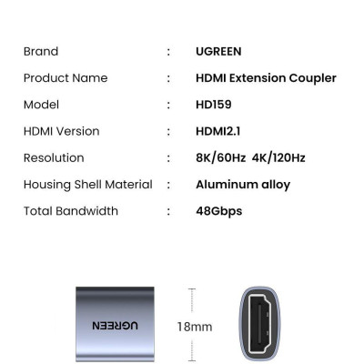 Ugreen UG90592HD159TK HDMI 2.1 8k 60Hz Đầu nối HDMI Vỏ hợp kim nhôm - HÀNG CHÍNH HÃNG