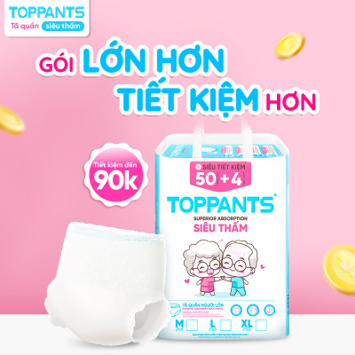 Tã/Bỉm Quần người lớn TOPPANTS Siêu Thấm, Chống Trào, Kháng Khuẩn Size M/L/XL (54 Miếng)
