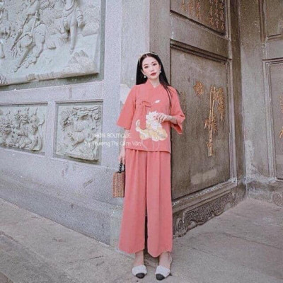 Bộ Đi Lễ Chùa - Đồ Lam Nữ Đi Chùa Đẹp Cao Cấp Trang Nhã Vải Ford Cao Cấp Thêu Hoa Sen 2021 Dành Cho Phật Tử - AL006