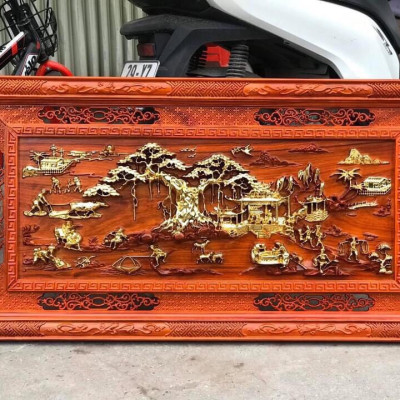 Tranh trèo tường tích đồng quê bằng gỗ hương đỏ kt 79×155×4cm