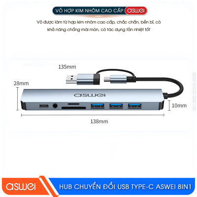 Hub Chuyển Đổi USB Type C ASWEI 8 in 1 - USB 3.0, SD, TF, USB C, Audio 3.5 Tốc Độ Cao - Hàng Chính Hãng