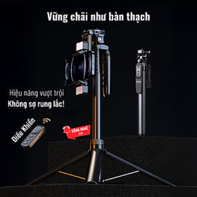 Chân đứng quay video Shinoda, gậy livestream, selfie chụp ảnh chất liệu siêu cứng cáp, tay cầm 360º tích hợp remote điều khiển từ xa 7 phím có thể sạc lại, hàng chính hãng