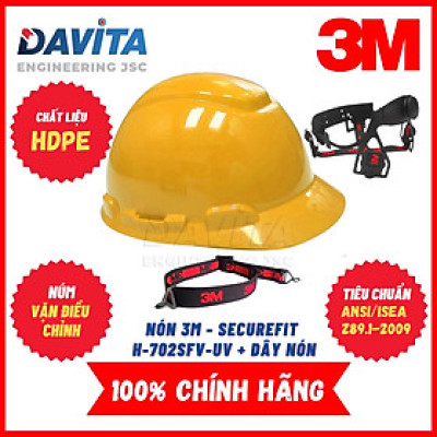 Nón bảo hộ màu vàng mẫu cải tiến 3M SecureFit H-702SFR-UV, đã gồm dây quai nón 1990