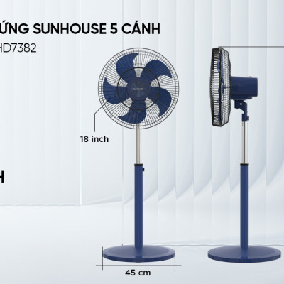 Quạt đứng Sunhouse 5 cánh 110W SHD-7382, động cơ đồng nguyên chất, vận hành êm ái, không tiếng ồn, Hàng chính hãng