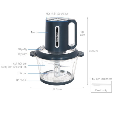 Máy xay thịt Sunhouse SHD5403 - Công suất 300W - Cối Thủy Tinh Dung tích 1.8L - 3 Tốc Độ - Lưỡi dao 4 cánh siêu khỏe - Hàng Chính Hãng