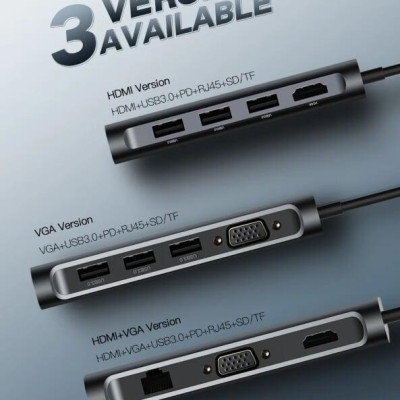 Ugreen UG40873CM179TK Bộ chuyển đổi TYPE C sang 3 USB 3.0 + HDMI + VGA + LAN + SD TF + hỗ trợ nguồn TYPE C - HÀNG CHÍNH HÃNG