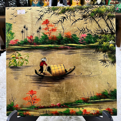 Tranh sơn mài đồng quê vẽ vàng, hàng xuất khẩu 30x30 cm