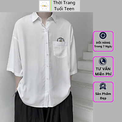 Áo Sơ Mi Form Rộng Vải Lụa Có TÚI HOA CÚC Tay Ngắn Màu Trắng Đen OVERSIZE Nam Nữ Chuẩn Form Hàn Quốc - SMN03