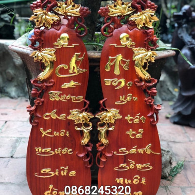 TRANH Câu đối cha mẹ khắc hình quả bầu gỗ hương đỏ kt 27×117×4cm 