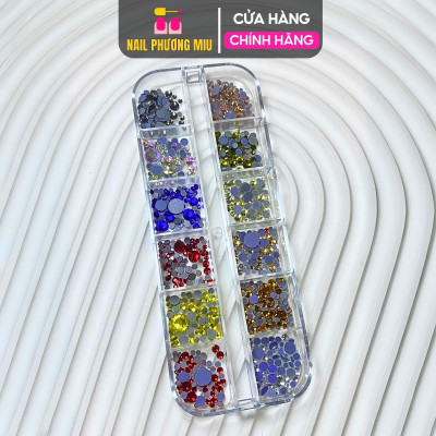 Khay Đá Chân Lưới Keo Mix Size YHB 12 Ngăn, Đính Móng Cao Cấp 1440 Viên, Đá Pha Lê Sáng Lâu, Bám Chắc Làm Nail Màu Trắng AB, Vàng Trà Nữ