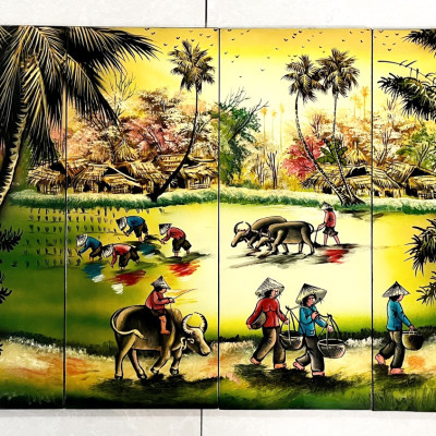Bộ Tranh sơn mài 4 tấm - ĐỒNG QUÊ / PHỐ CỔ VIỆT NAM - Size 50x80 cm / 60x120 cm