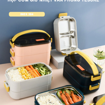 Hộp cơm giữ nhiệt văn phòng YESURE 1200ml Hai Tầng có ngăn Inox Tháo rời dễ dàng cho vào lò Vi Sóng - Hàng chính hãng