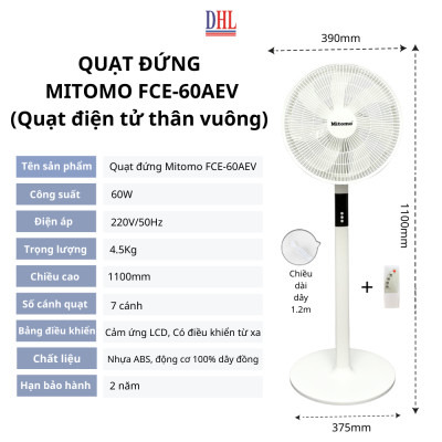 Quạt đứng điện tử có điều khiễn từ xa, hẹn giờ Mitomo FCE-60AEV, công suất 60W, động cơ dây đồng hàng chính hãng - Bảo hành 2 năm