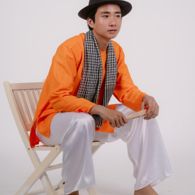 Bộ áo bà ba nam phối áo cate cam+ Quần phi trắng - Có bộ bà ba Bigsize