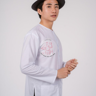 Bộ áo bà ba nam phối áo cate trắng + Quần cate đen - Có bộ bà ba Bigsize