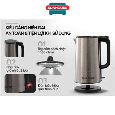 Ấm siêu tốc Inox 2 lớp 2L Sunhouse SHD1396 - Hàng Chính Hãng