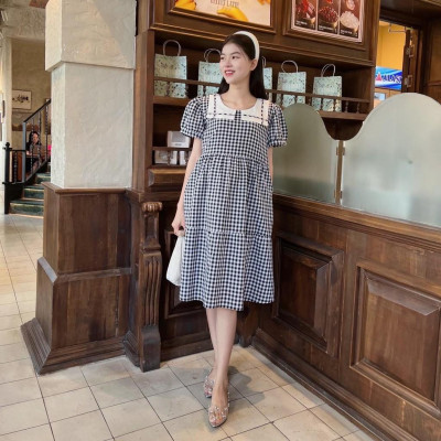 Đầm bầu karo cổ thuỷ thủ phom babydol trẻ trung, đáng yêu