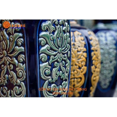 Bình hoa khắc hoa sen cổ men xanh vàng gốm Bát Tràng