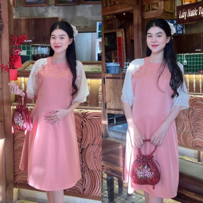 Đầm bầu thiết kế kiểu Áo dài cách tân Chất Cotton Lạnh đính nơ xinh xắn, thanh lịch