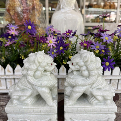 Cặp tượng Kỳ Lân phong thủy đá trắng xanh - Cao 15 cm