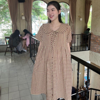 Đầm bầu karo cổ bèo thắt nơ dáng suông dễ thương, trẻ trung, năng động Nữ Women