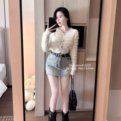 Áo khoác len lông mềm tay dài nút vàng,dáng xinh sang dễ phối