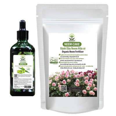 Combo Dầu Neem và Bánh dầu Neem hữu cơ DOCNEEM trị sâu bệnh, sùng đất cuốn chiếu, kích rễ hoa hồng chai 100ml và túi 1kg