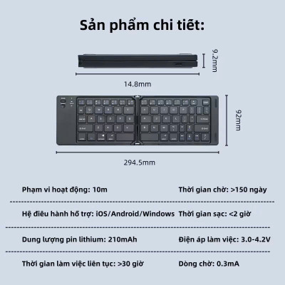 Bàn phím Bluetooth rời gấp gọn tương thích với Windows, Mac, iOS và Android kết nối điện thoại, laptop, máy tính bảng - Hàng chính hãng