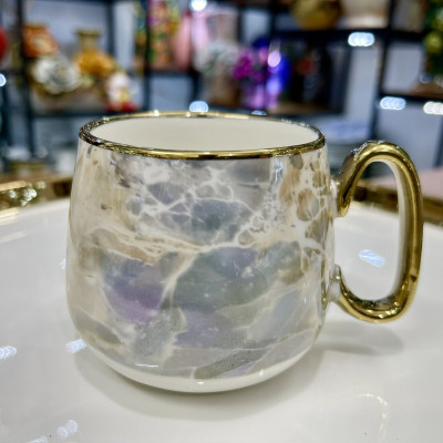 Bộ ấm chén, bình trà cao cấp men vân đá viền mạ vàng 24k đế xoay 360d