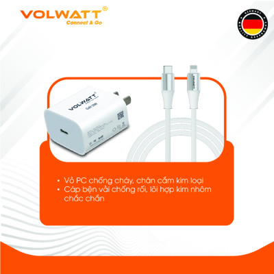 Bộ củ cáp sạc siêu nhanh Volwatt GE-30-SCL 30W GaN hàng chính hãng | Adapter PD Type-C + Cáp Type-C to L 1m, BH 12 tháng