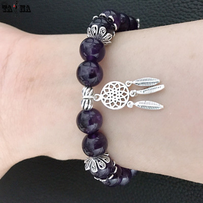 Vòng tay thạch anh tím 8mm mix charm bạc 925 cao cấp