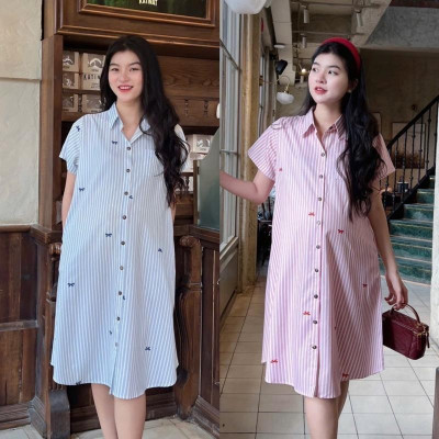 Đầm Bầu Form Dáng Sơ Mi Sọc Xinh Chất Cotton Lụa Mềm Mát, Váy Bầu Cá Tính Size M L