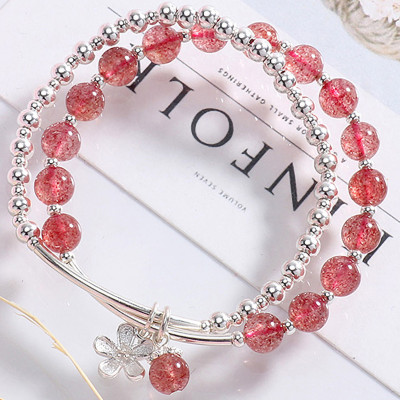 Vòng tay 2 line đá thạch anh dâu phối charm hoa bạc mệnh hỏa, thổ - Ngọc Quý Gemstones