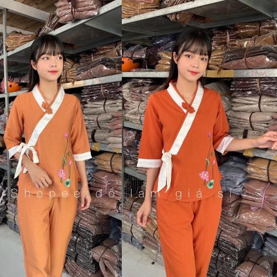 Đồ Lam Đi Chùa Xéo Nơ Hoa Cúc 1 Nút Thắt