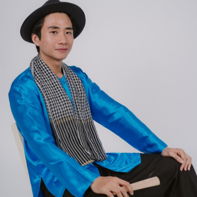 Bộ áo bà ba nam phối áo phi xanh dương + Quần phi đen - Có bộ bà ba Bigsize